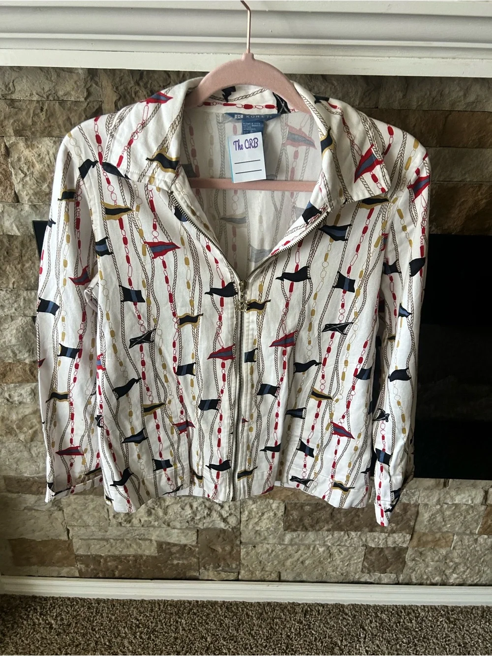 Korey Nautical Print Cropped Jacket in Cream 100% Cotton